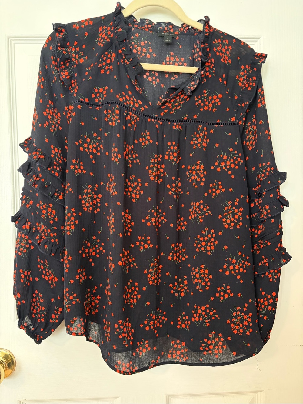 Ann Taylor Navy Blouse with Red Floral Print and Ruffle Sleeves